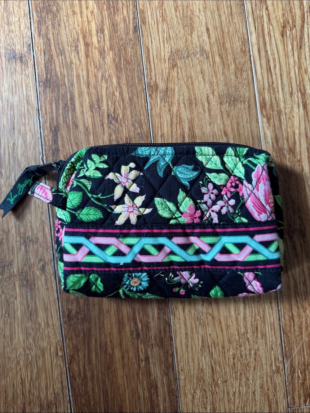 Vera Bradley Black Floral Quilted Cosmetic Pouch with Pink & Green Accents